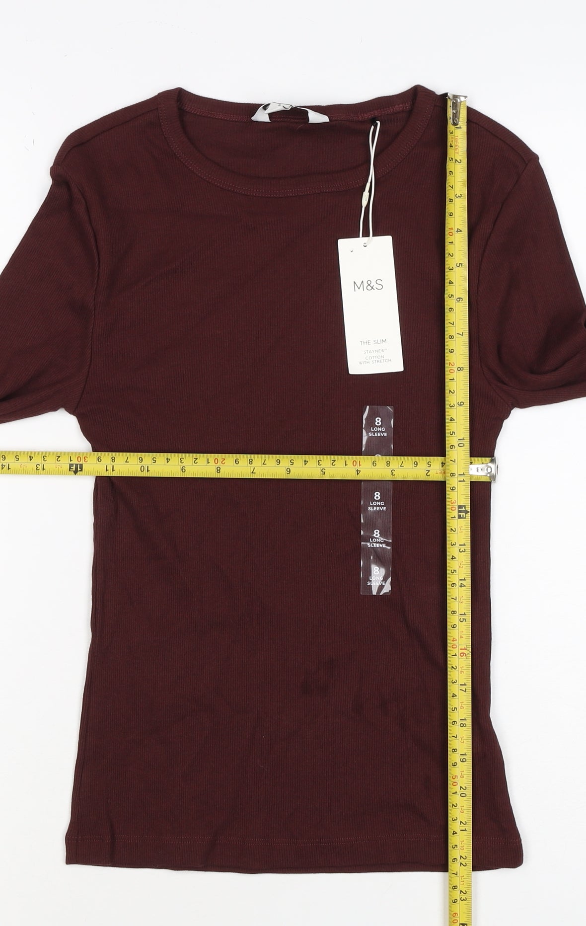 Marks and Spencer Women Brown Size 8 Slim Stretch Rib Long Sleeve T-Shirt