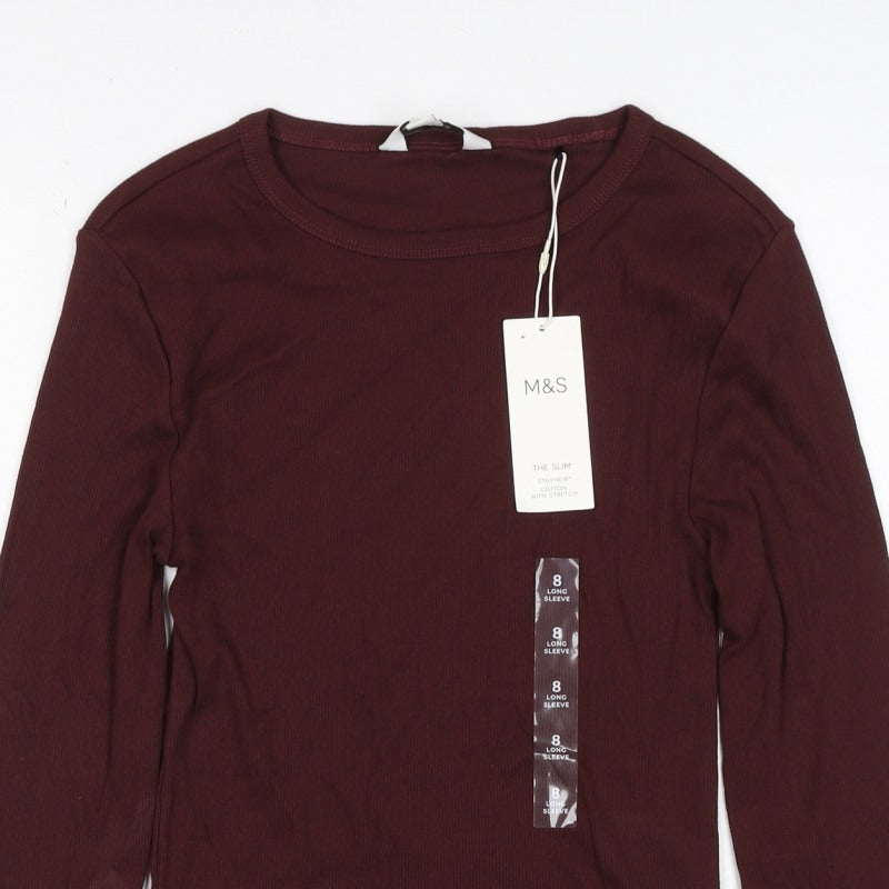 Marks and Spencer Women Brown Size 8 Slim Stretch Rib Long Sleeve T-Shirt