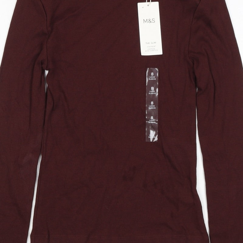 Marks and Spencer Women Brown Size 8 Slim Stretch Rib Long Sleeve T-Shirt