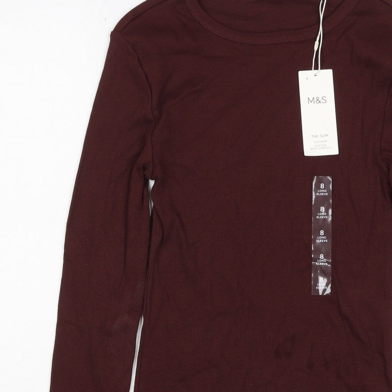 Marks and Spencer Women Brown Size 8 Slim Stretch Rib Long Sleeve T-Shirt