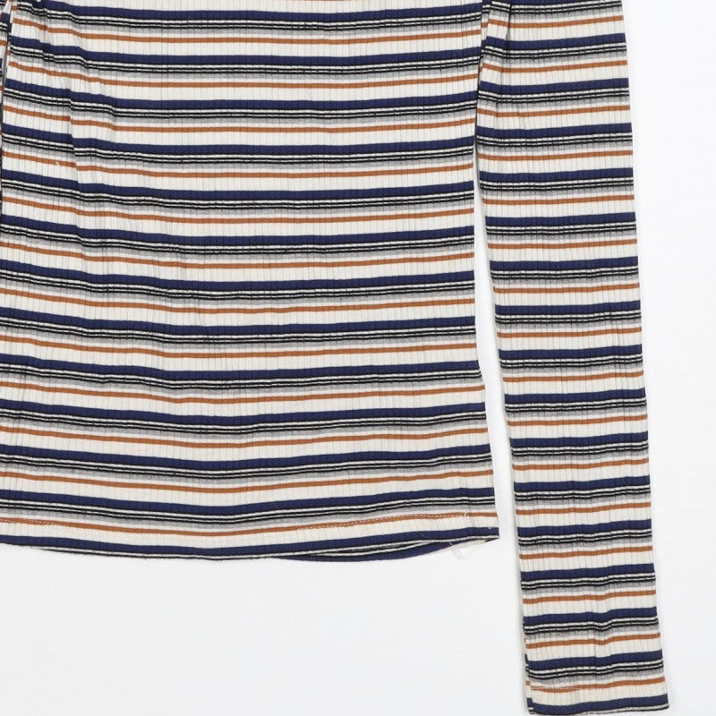 Topshop Women’s Multicoloured UK 8 Ribbed Stripe Mock Neck Long Sleeve Top