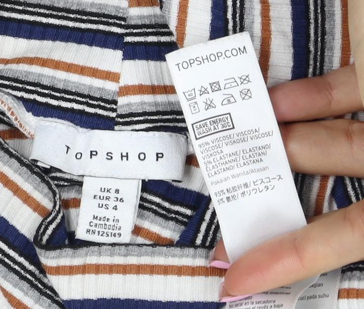 Topshop Women’s Multicoloured UK 8 Ribbed Stripe Mock Neck Long Sleeve Top
