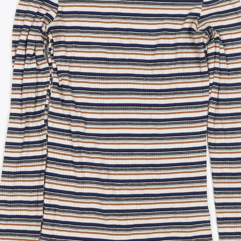 Topshop Women’s Multicoloured UK 8 Ribbed Stripe Mock Neck Long Sleeve Top