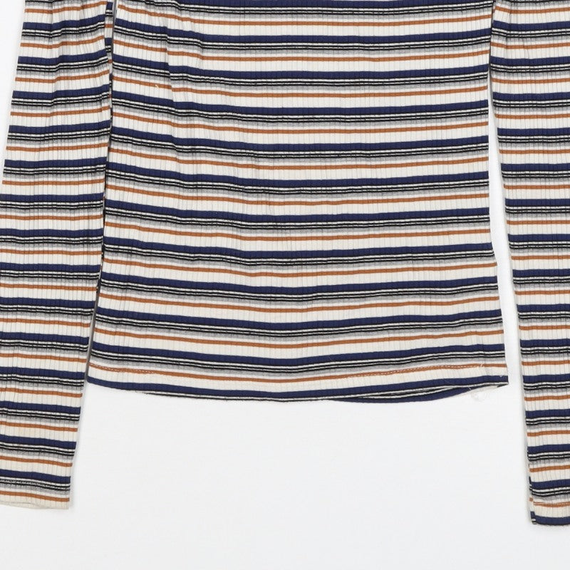 Topshop Women’s Multicoloured UK 8 Ribbed Stripe Mock Neck Long Sleeve Top