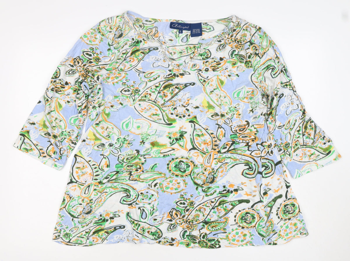 Articapeo Women’s Multicoloured L Paisley Cotton Rhinestone Tunic Blouse