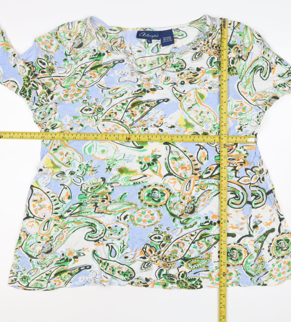 Articapeo Women’s Multicoloured L Paisley Cotton Rhinestone Tunic Blouse