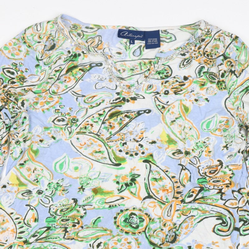 Articapeo Women’s Multicoloured L Paisley Cotton Rhinestone Tunic Blouse