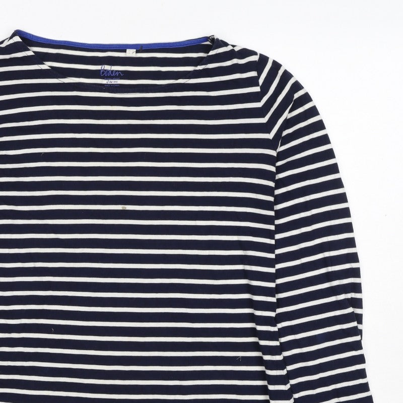 Boden Women Navy White UK 12 Striped Cotton Boat Neck Long Sleeve T-Shirt