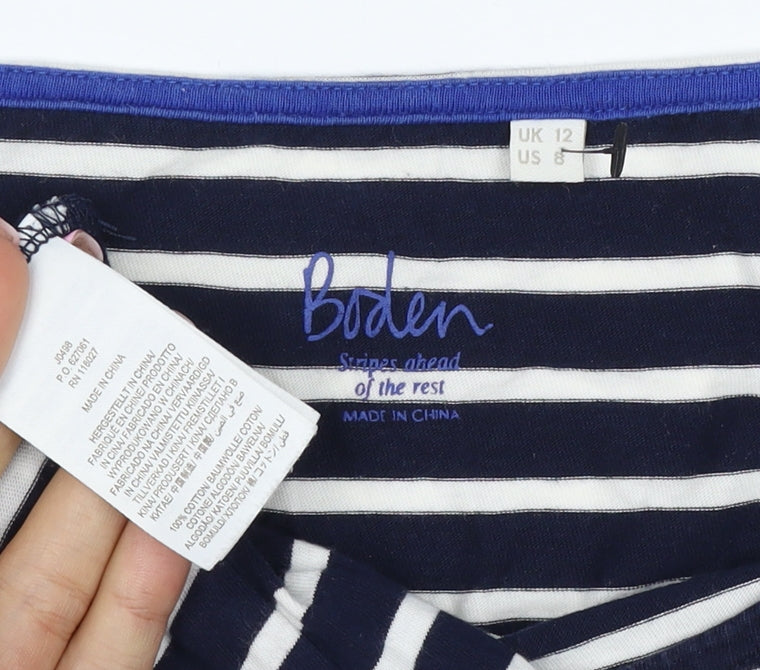 Boden Women Navy White UK 12 Striped Cotton Boat Neck Long Sleeve T-Shirt