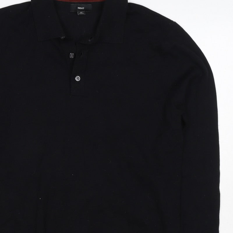 Next Men's Black M Long Sleeve Knit Cotton Blend Polo Shirt