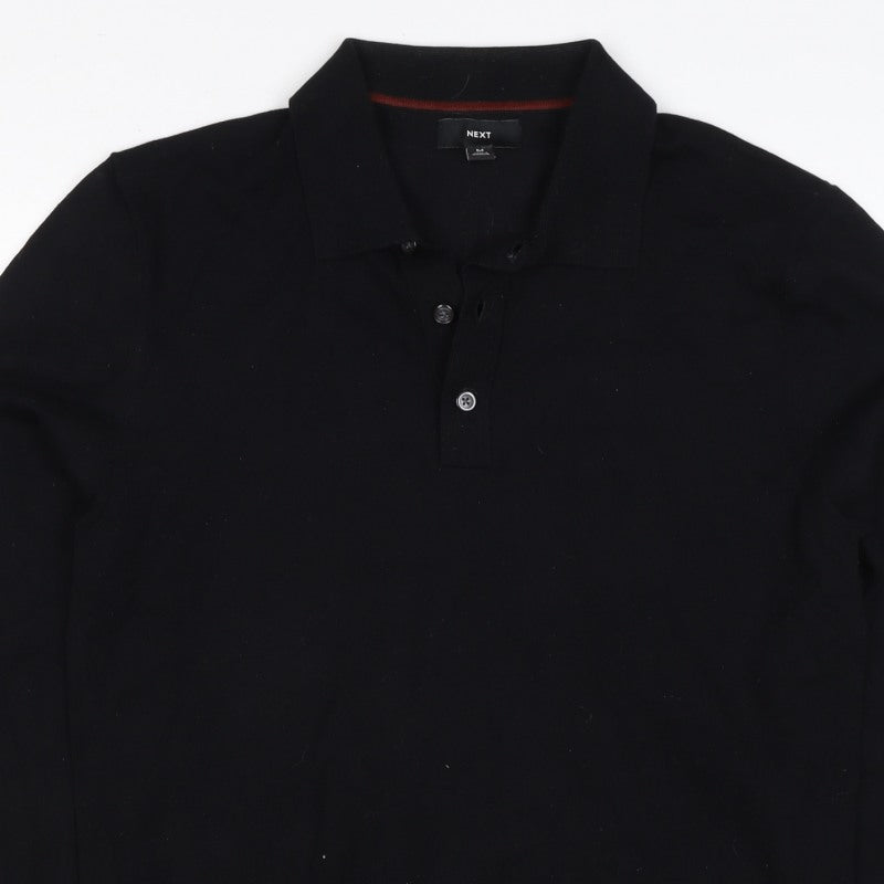 Next Men's Black M Long Sleeve Knit Cotton Blend Polo Shirt