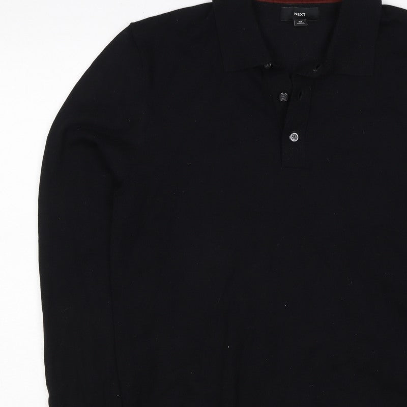 Next Men's Black M Long Sleeve Knit Cotton Blend Polo Shirt