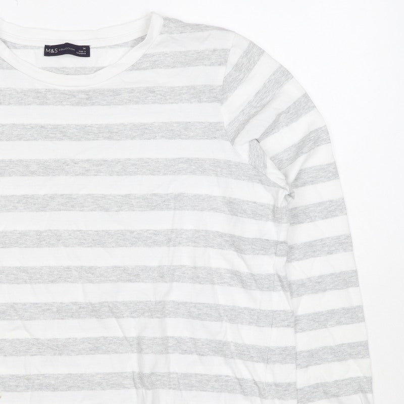 Marks and Spencer Women White Grey Stripe Long Sleeve T-Shirt UK 14