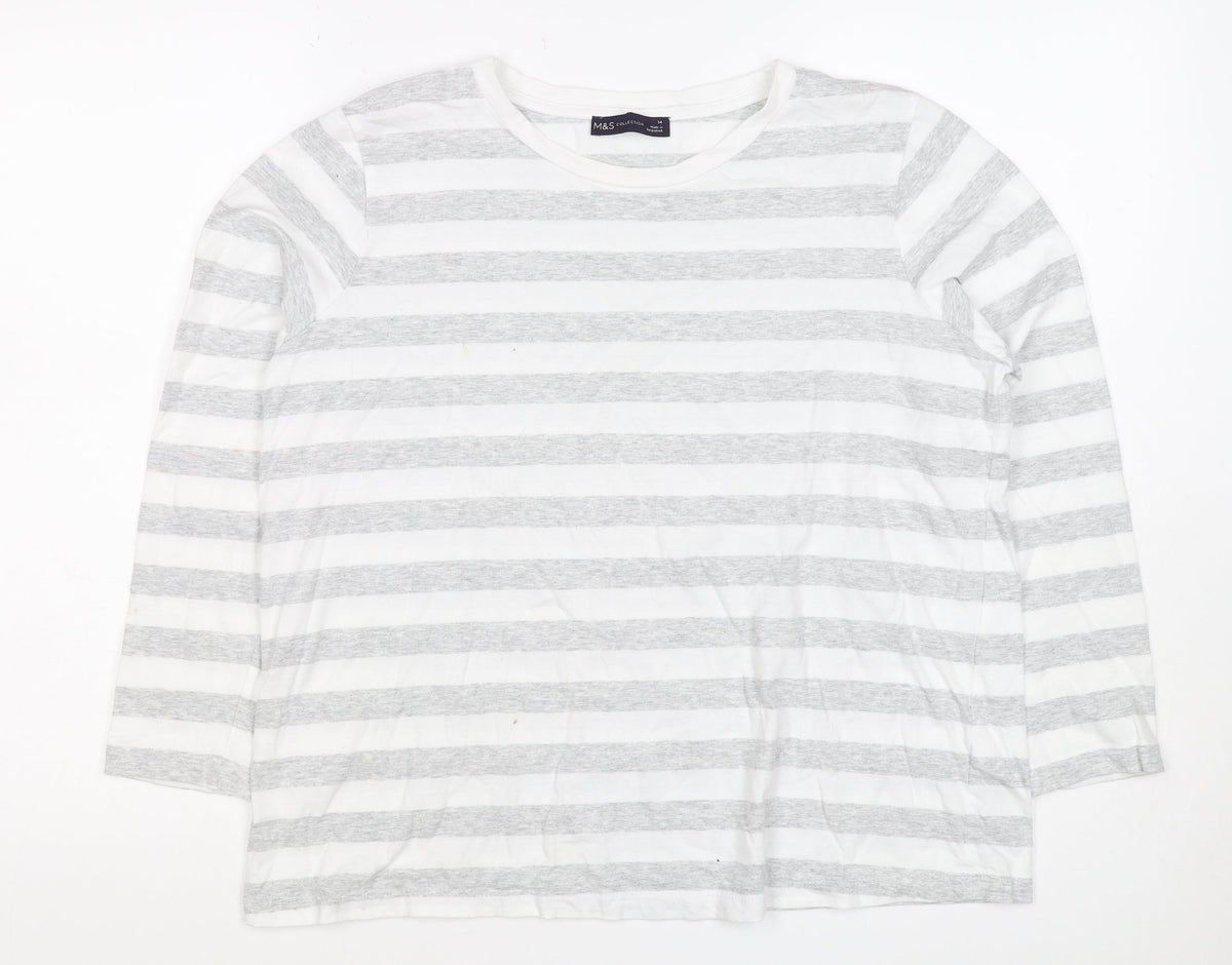 Marks and Spencer Women White Grey Stripe Long Sleeve T-Shirt UK 14