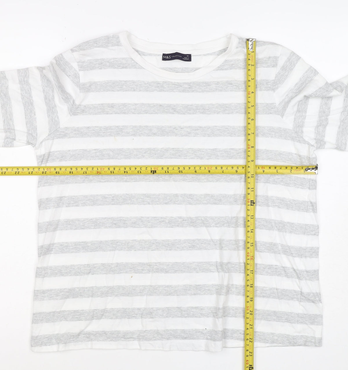 Marks and Spencer Women White Grey Stripe Long Sleeve T-Shirt UK 14