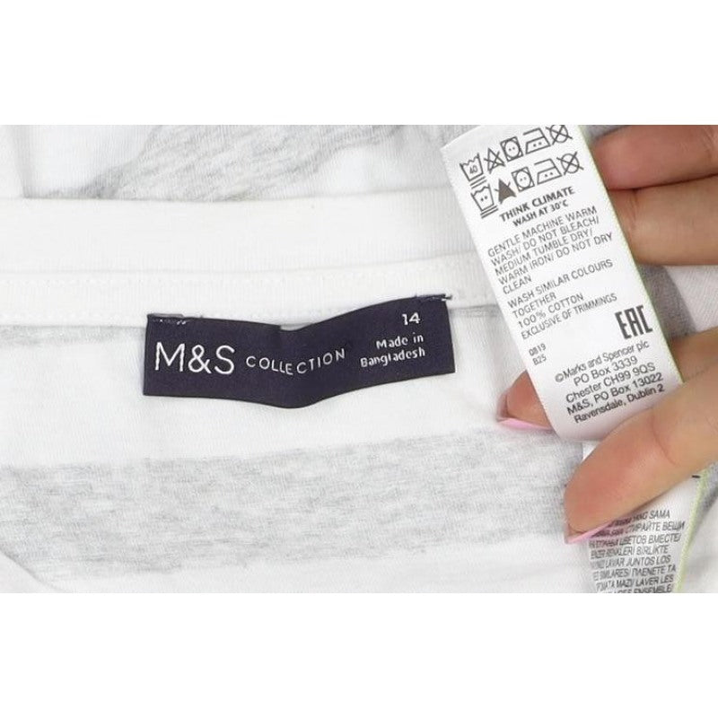 Marks and Spencer Women White Grey Stripe Long Sleeve T-Shirt UK 14