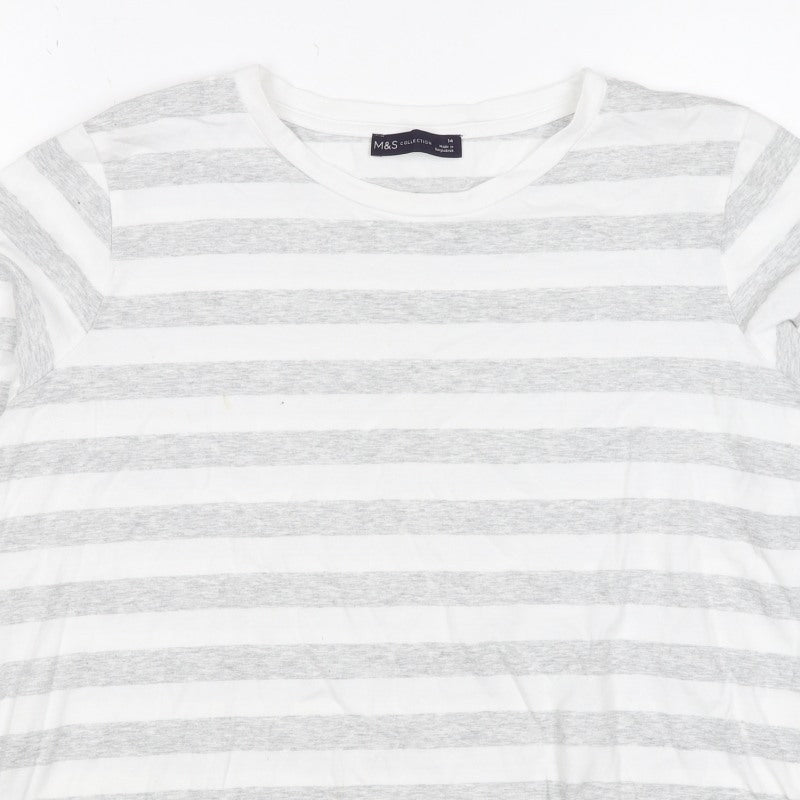 Marks and Spencer Women White Grey Stripe Long Sleeve T-Shirt UK 14