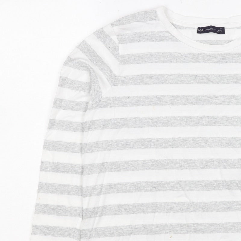 Marks and Spencer Women White Grey Stripe Long Sleeve T-Shirt UK 14
