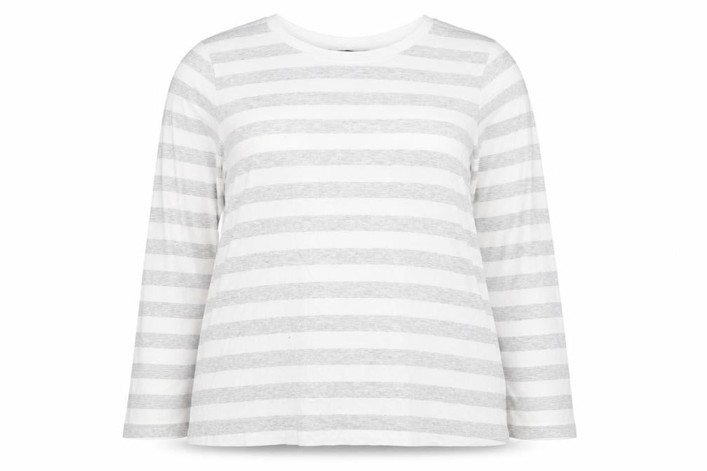 Marks and Spencer Women White Grey Stripe Long Sleeve T-Shirt UK 14