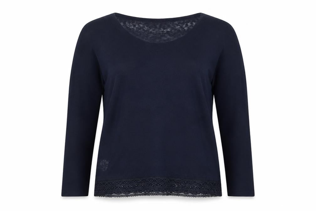 Next Women Blue UK 10 Long Sleeve Lace Hem Jersey T-Shirt Top