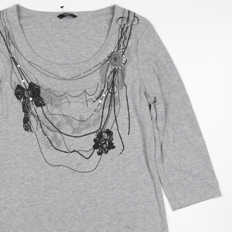 M&Co. Women Grey M Rose Chain Rhinestone Scoop Neck 3/4 Sleeve Top