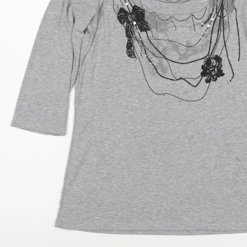 M&Co. Women Grey M Rose Chain Rhinestone Scoop Neck 3/4 Sleeve Top