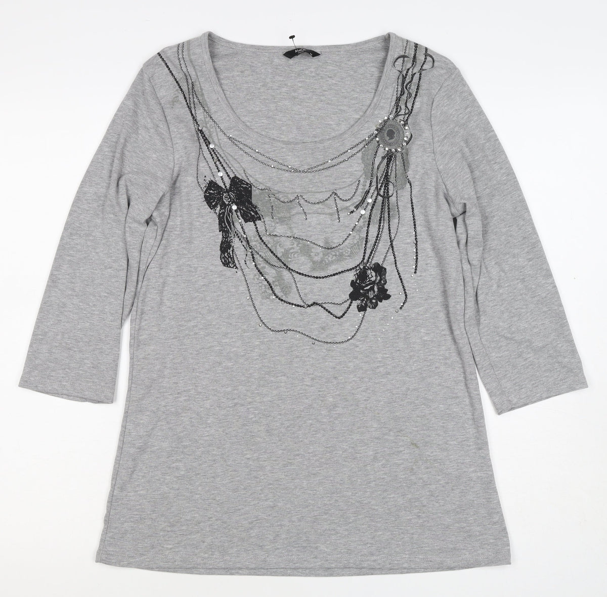M&Co. Women Grey M Rose Chain Rhinestone Scoop Neck 3/4 Sleeve Top