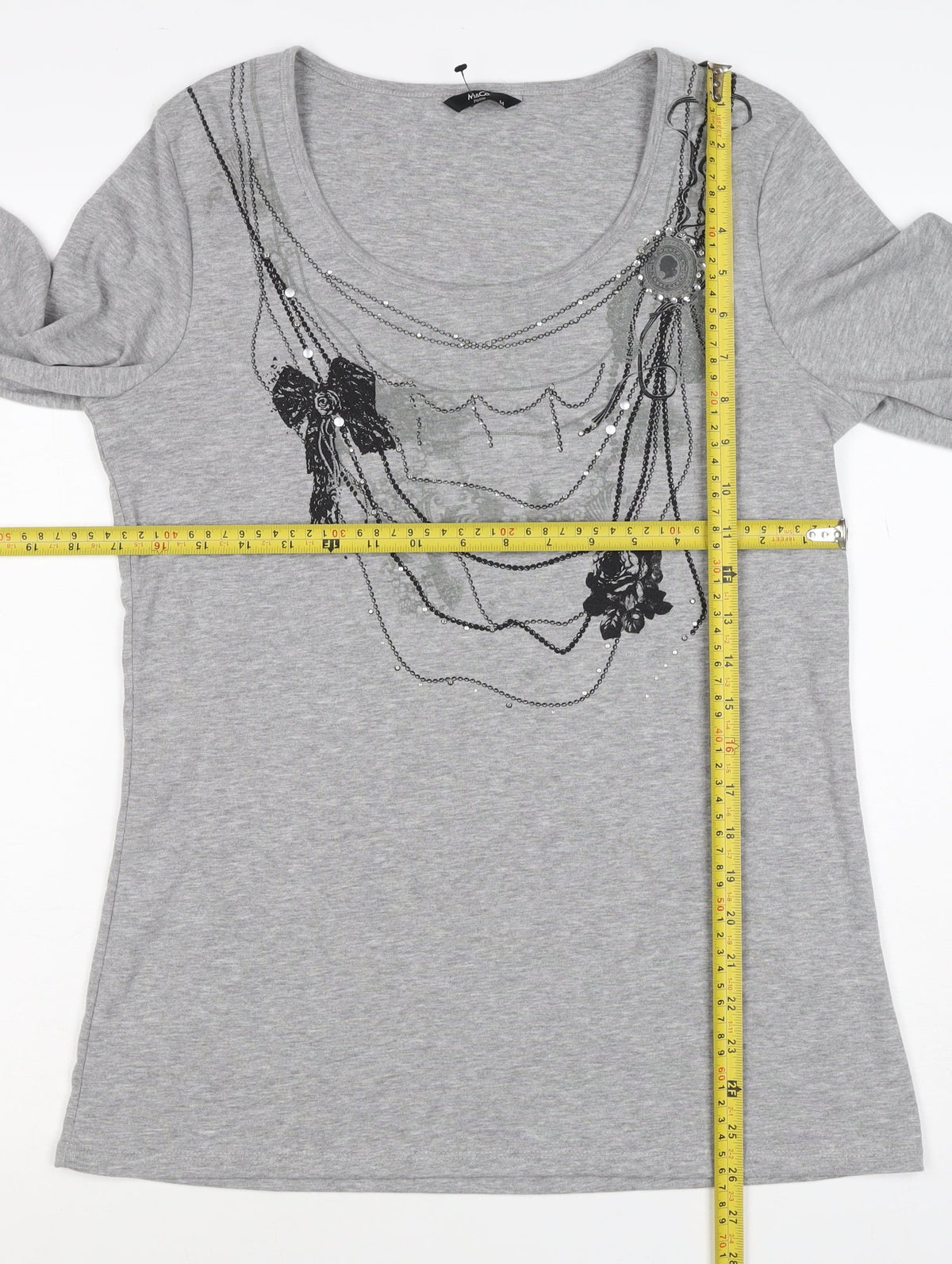 M&Co. Women Grey M Rose Chain Rhinestone Scoop Neck 3/4 Sleeve Top