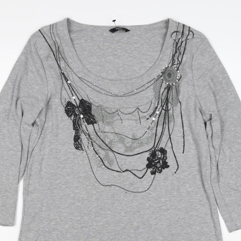 M&Co. Women Grey M Rose Chain Rhinestone Scoop Neck 3/4 Sleeve Top