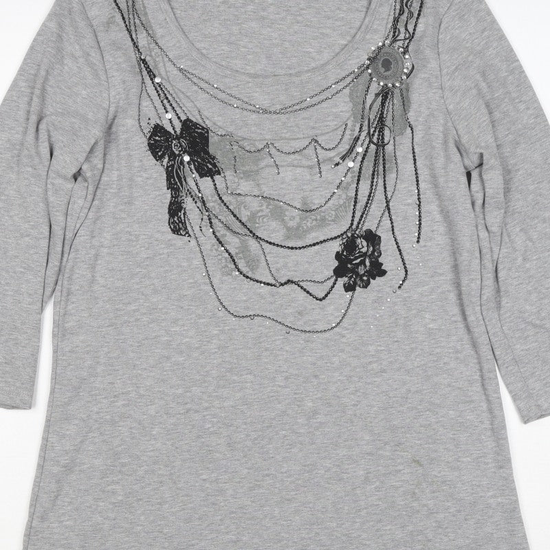 M&Co. Women Grey M Rose Chain Rhinestone Scoop Neck 3/4 Sleeve Top