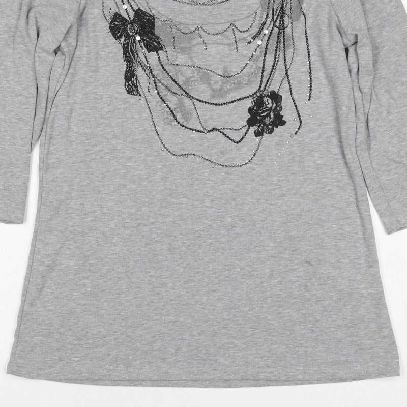 M&Co. Women Grey M Rose Chain Rhinestone Scoop Neck 3/4 Sleeve Top