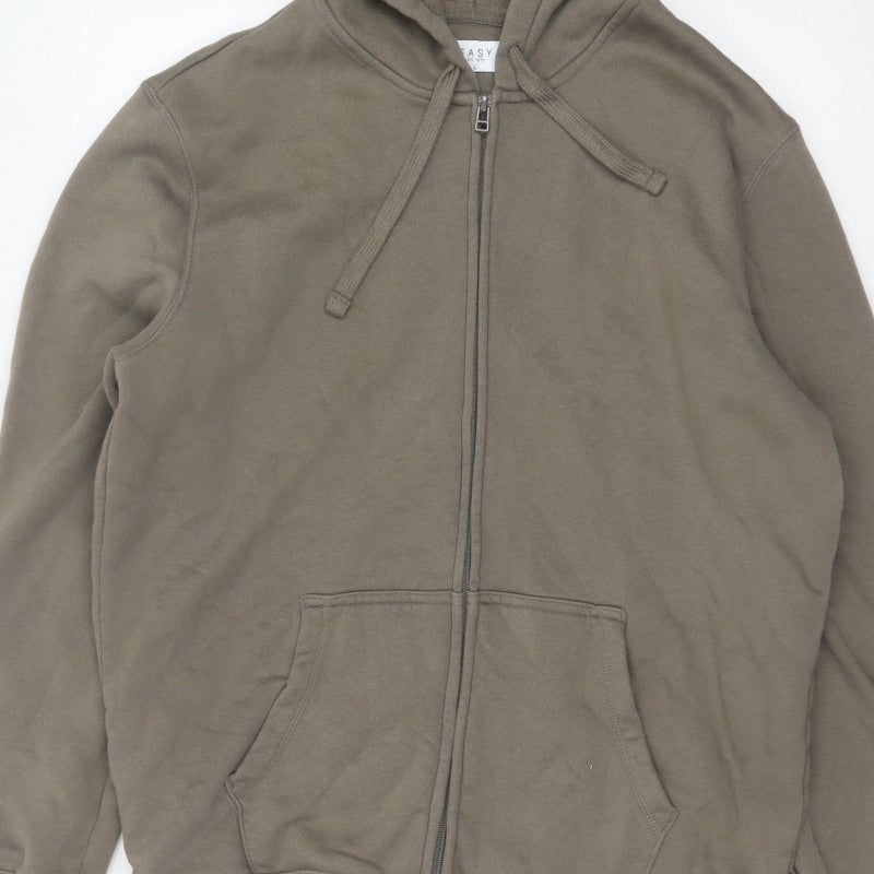 Easy Men's Brown L Full Zip Hooded Fleece Hoodie Pockets