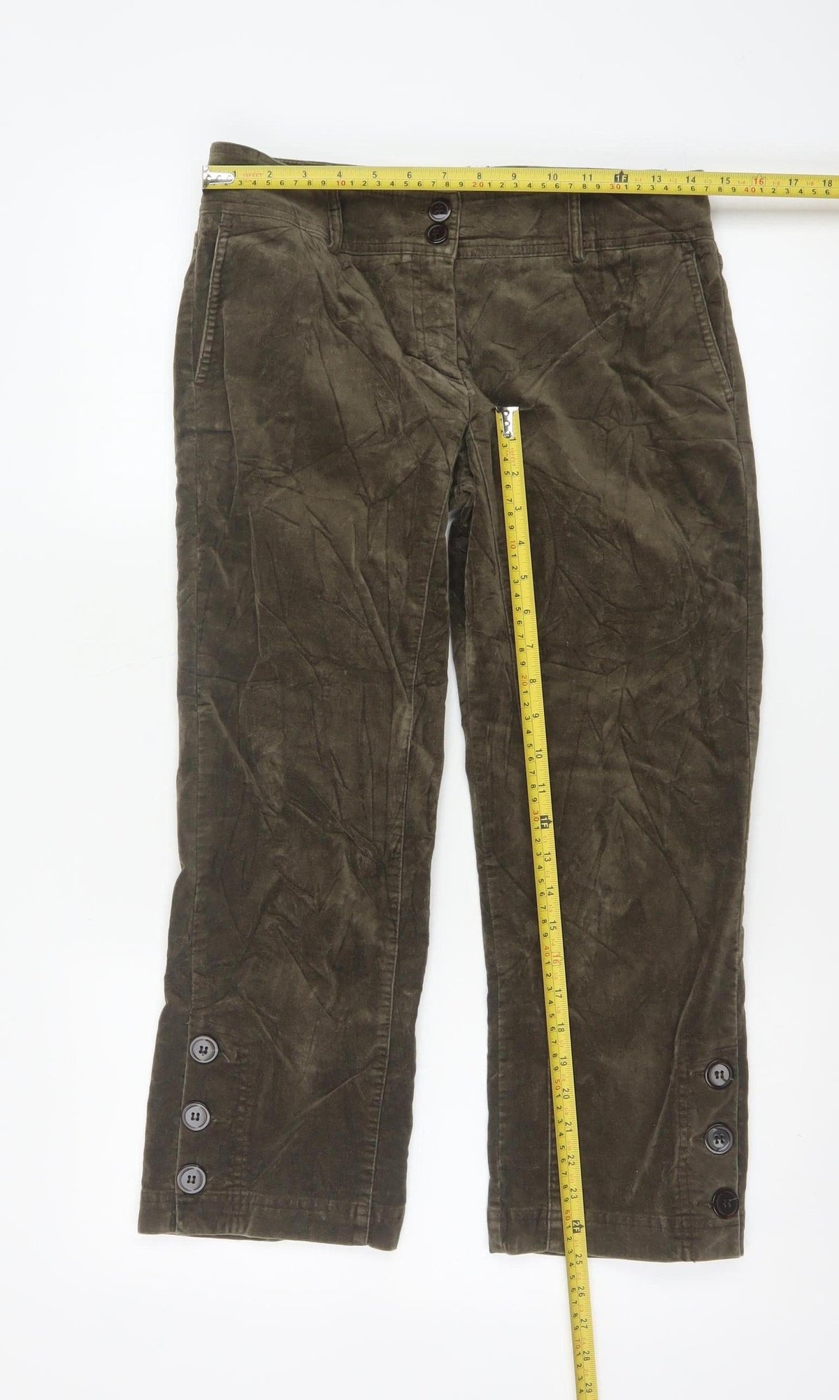 Trucco Women’s Brown UK 12 Cropped Straight Cotton Trousers Button Cuffs