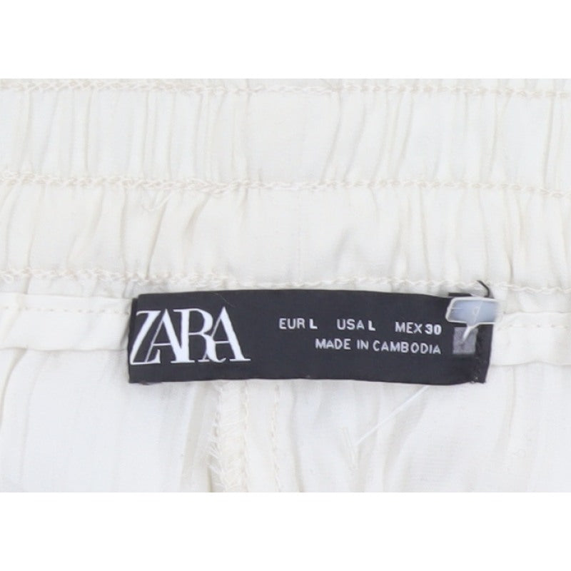 Zara Women Ivory L Wide-Leg Elastic Waist Lightweight Trousers