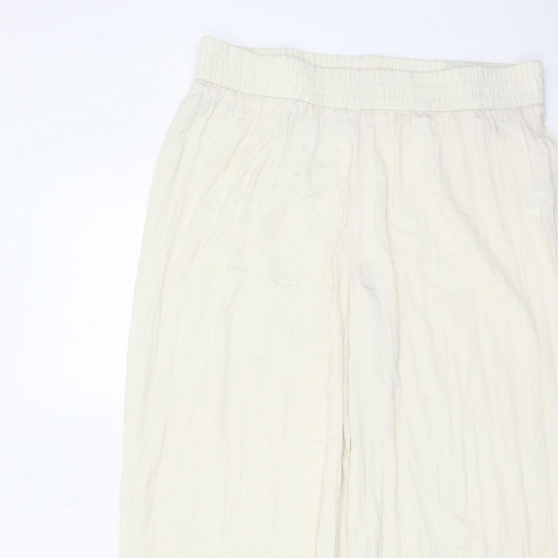 Zara Women Ivory L Wide-Leg Elastic Waist Lightweight Trousers
