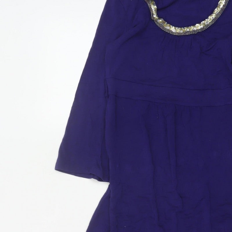 Boden Women Purple UK 12L Midi A-Line Beaded Stretch Jersey Dress