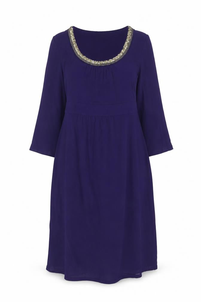 Boden Women Purple UK 12L Midi A-Line Beaded Stretch Jersey Dress