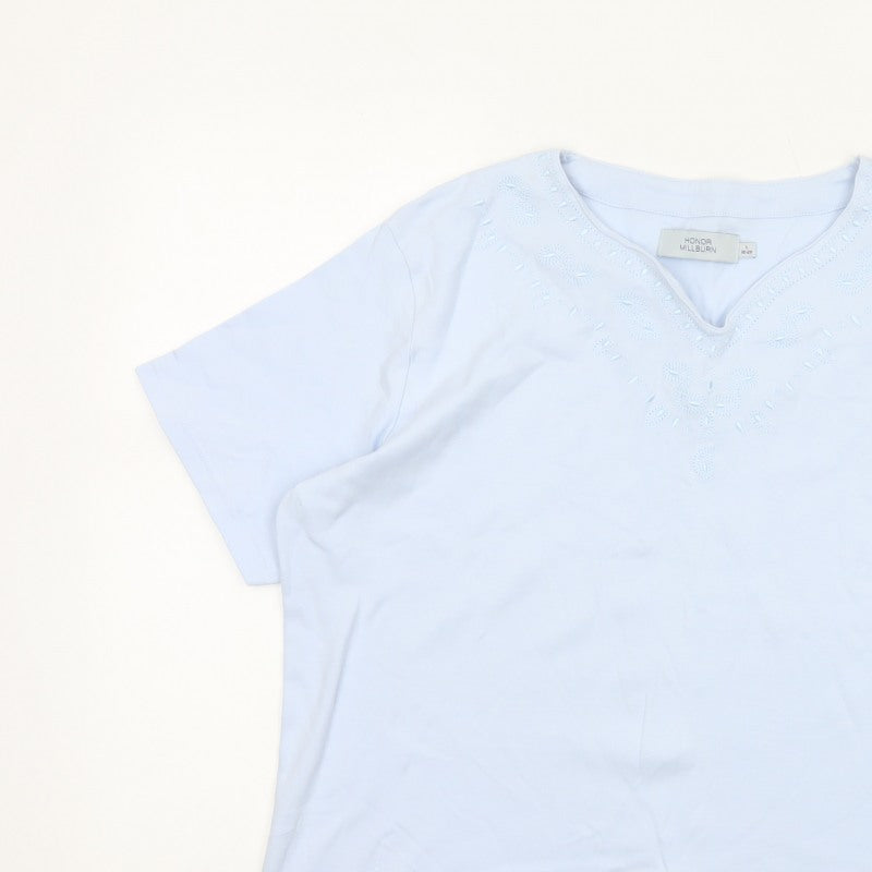 Honor Millburn Women White UK 18 Embroidered V-Neck Cotton T-Shirt