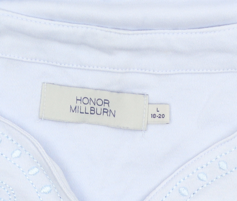 Honor Millburn Women White UK 18 Embroidered V-Neck Cotton T-Shirt