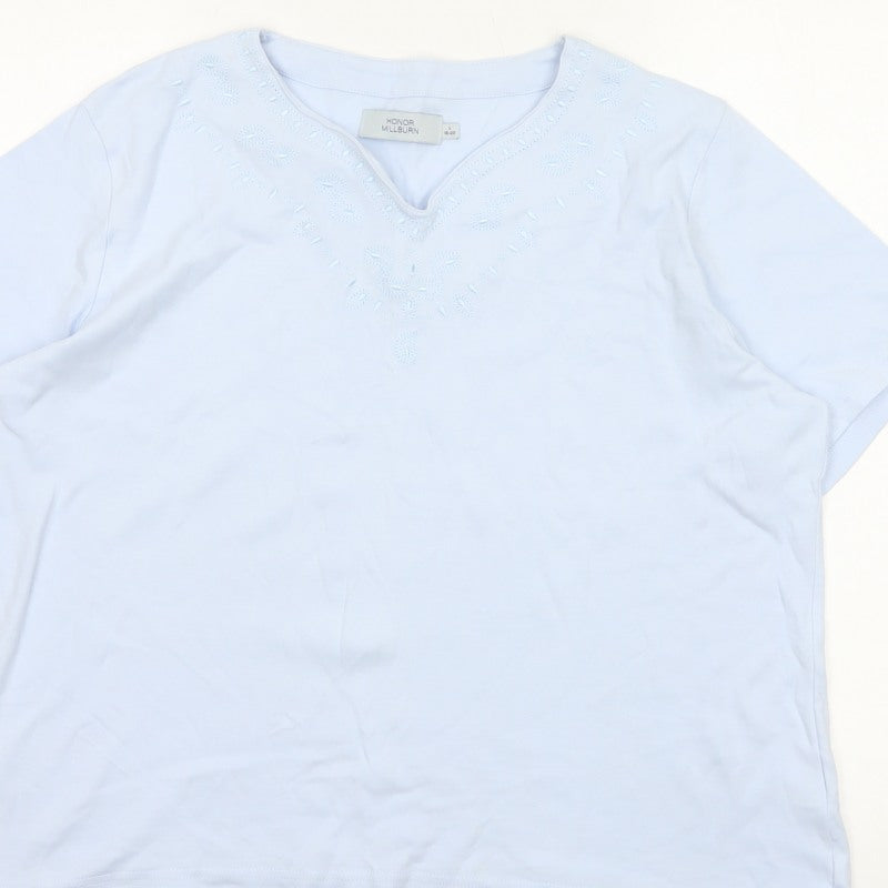 Honor Millburn Women White UK 18 Embroidered V-Neck Cotton T-Shirt