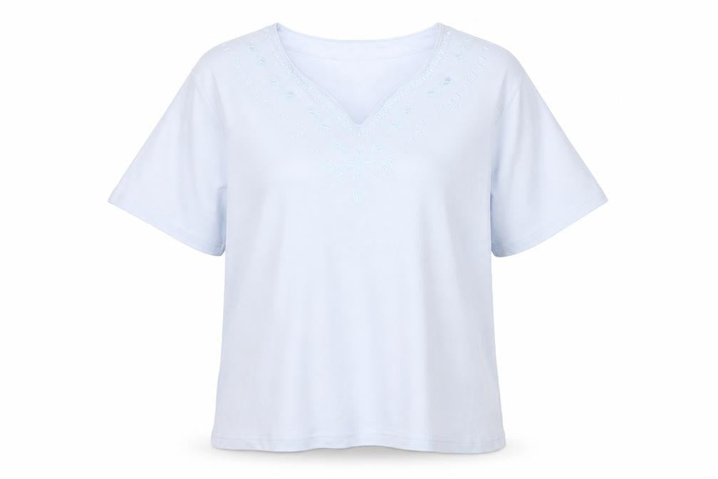 Honor Millburn Women White UK 18 Embroidered V-Neck Cotton T-Shirt