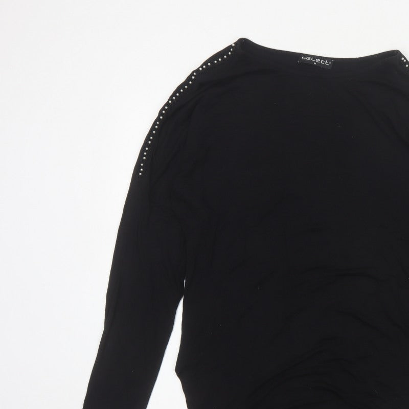 Select Women Black M Studded Shoulder Long Sleeve Stretch Tunic Blouse
