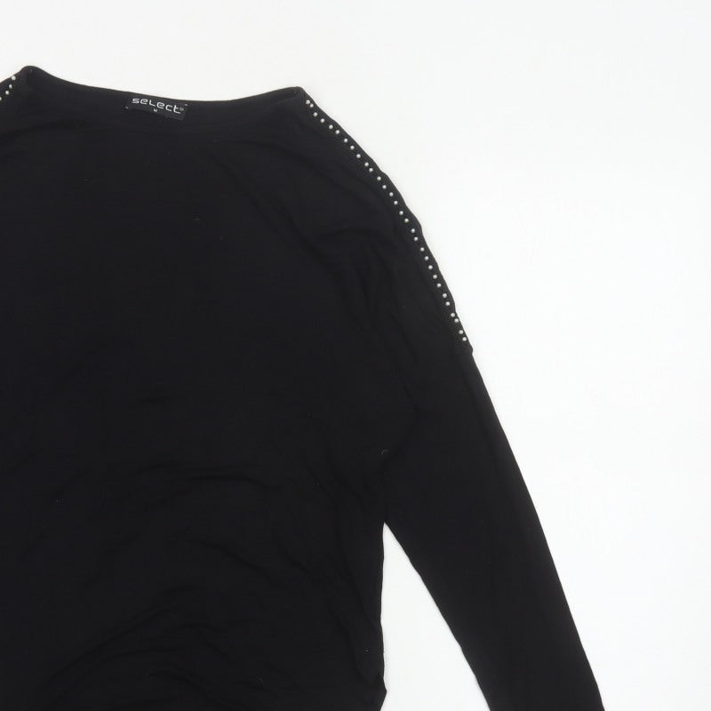 Select Women Black M Studded Shoulder Long Sleeve Stretch Tunic Blouse