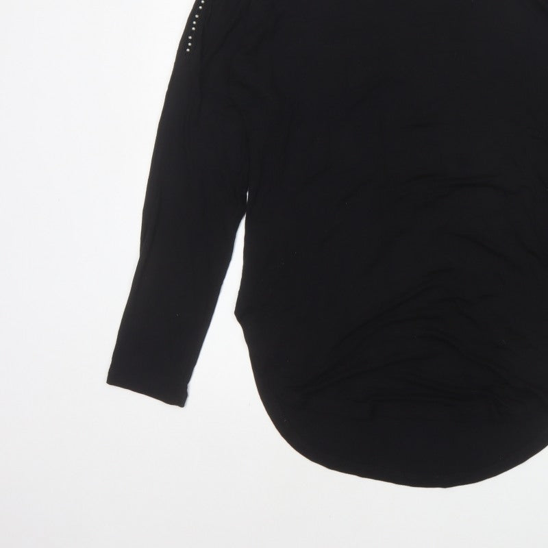 Select Women Black M Studded Shoulder Long Sleeve Stretch Tunic Blouse