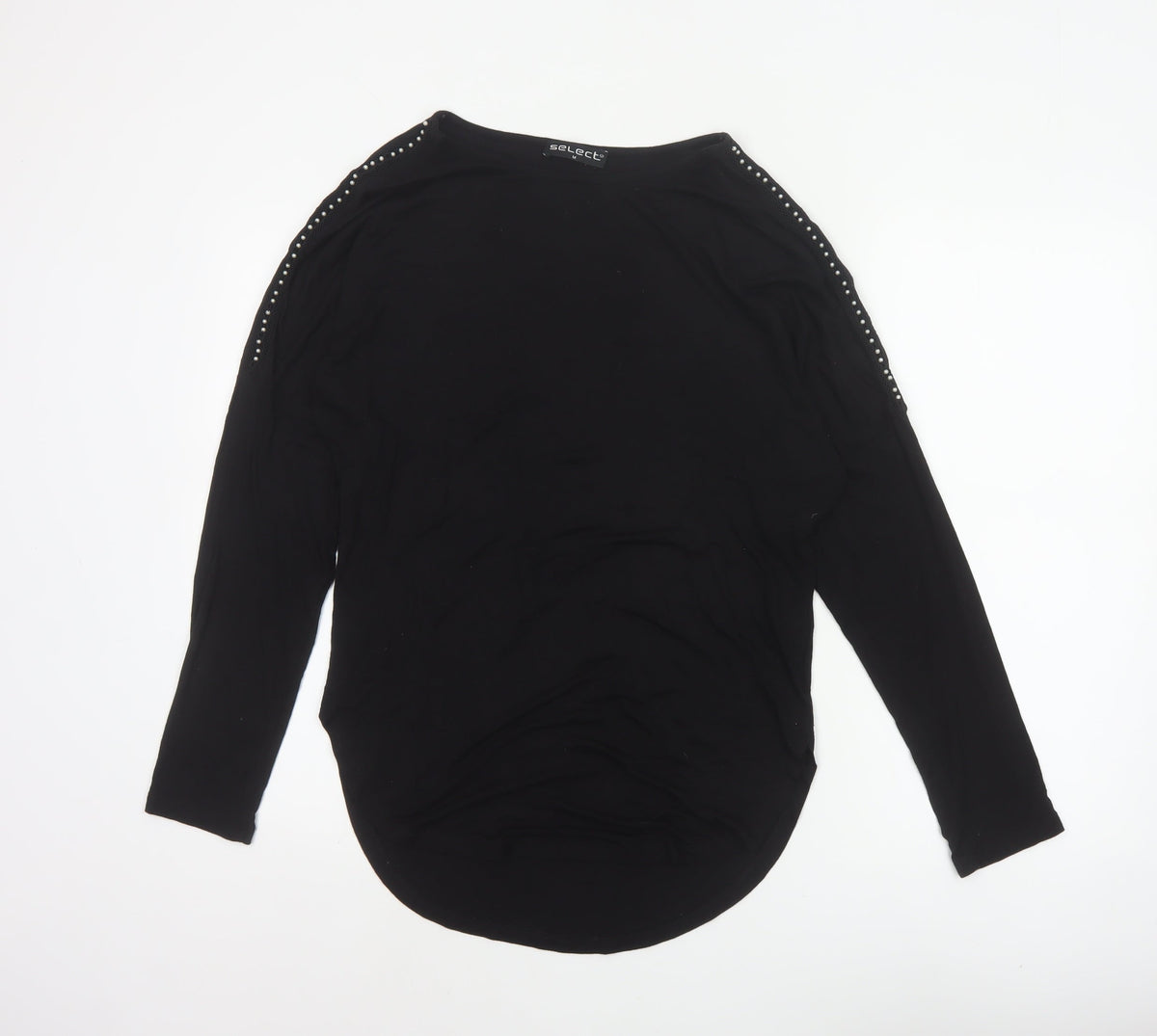 Select Women Black M Studded Shoulder Long Sleeve Stretch Tunic Blouse