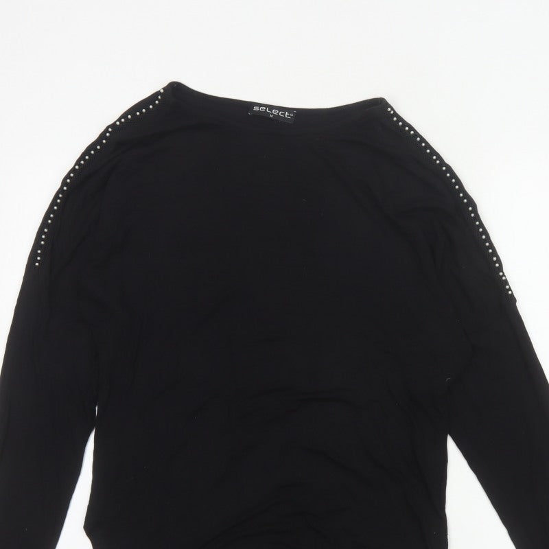 Select Women Black M Studded Shoulder Long Sleeve Stretch Tunic Blouse