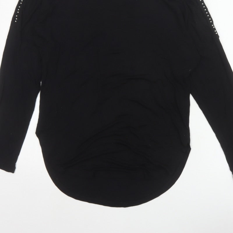 Select Women Black M Studded Shoulder Long Sleeve Stretch Tunic Blouse