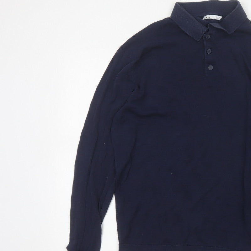 Zara Men’s Blue M Cotton Silk Long Sleeve Knitted Polo Shirt