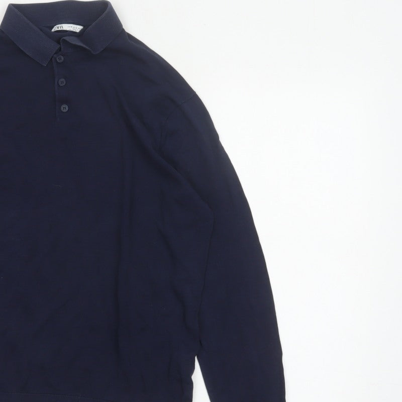 Zara Men’s Blue M Cotton Silk Long Sleeve Knitted Polo Shirt