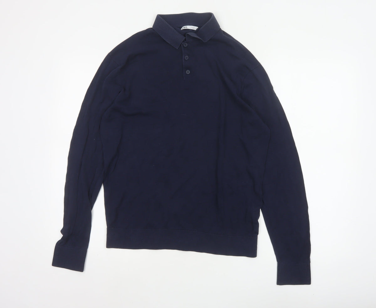 Zara Men’s Blue M Cotton Silk Long Sleeve Knitted Polo Shirt